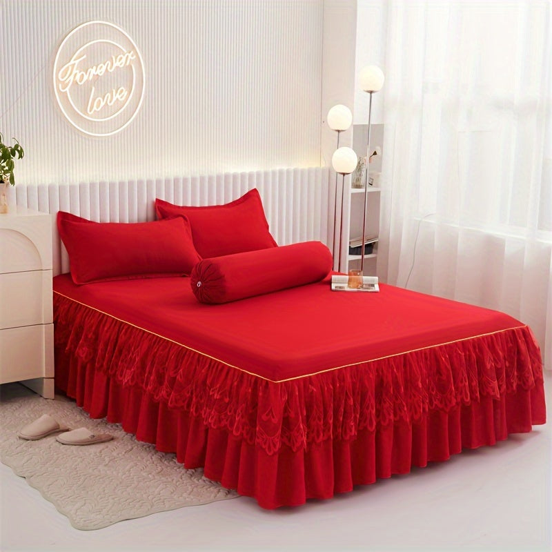 Chic 3-Piece Bed Skirt Set Featuring Double Layer Lace - Comes with 1 Bed Skirt and 2 Pillowcases, in a Solid Color. Non-Slip and Perfect for All Seasons, this Set is Machine Washable for easy care.