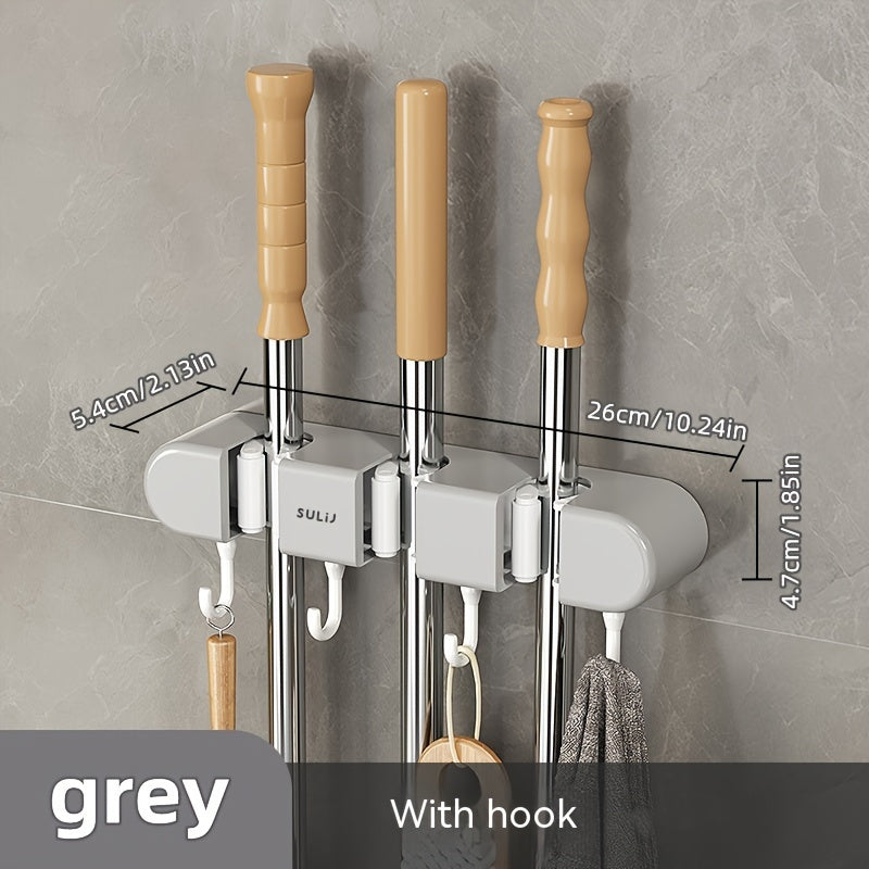 1pc Wall-Mounted Mop Hook with 3/4 Slots, No-Drill Plastic Storage Rack for Bathroom and Balcony.