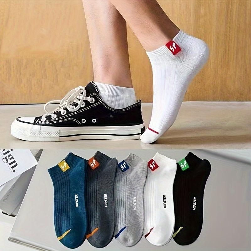 5 pairs of "SP" printed fashion sports socks, comfortable and low-cut for both men and women.