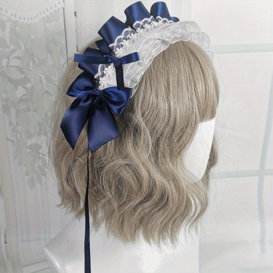 Ruffled Lace Ribbon Bow Headband with Hairpins in Contrasting Colors - Anime Maid Inspired Hair Accessory