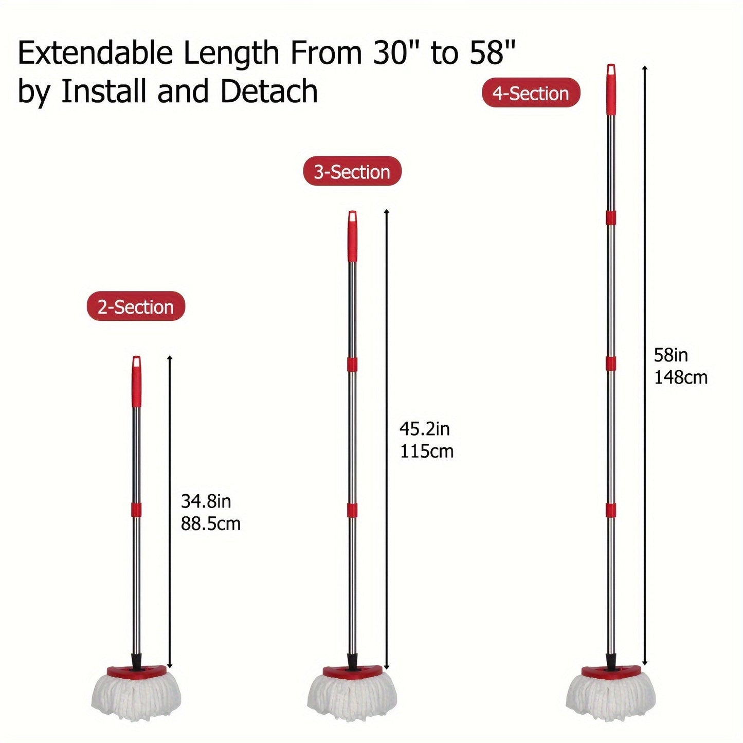 Set of 4 white mop heads with a red and silver handle, triangular plate, and 2 vacuum bags measuring 30*40cm.