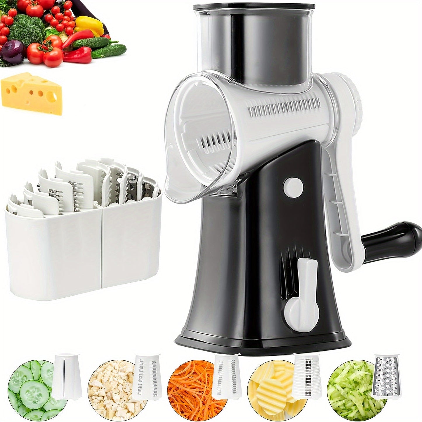 One piece, 5-in-1 rotary cheese grater and shredder, vegetable slicer, multifunctional fruit slicer, manual food grater, and cutter with a powerful suction base. Perfect for grating potatoes and chopping household vegetables. Essential kitchen gadget and