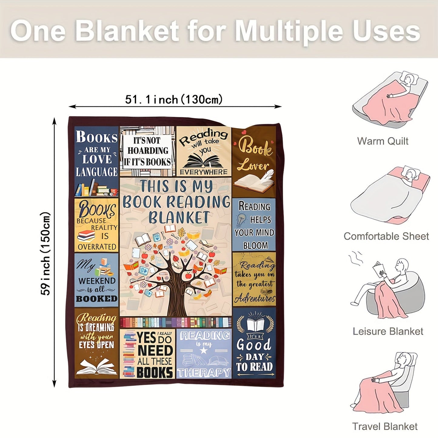 Bookworms and book managers alike will love this 1-piece printed blanket. It's the perfect gift for reading lovers, great for cozying up at home or on the go. This soft and warm blanket is ideal for lounging on the couch, bed, or even using as a lunch