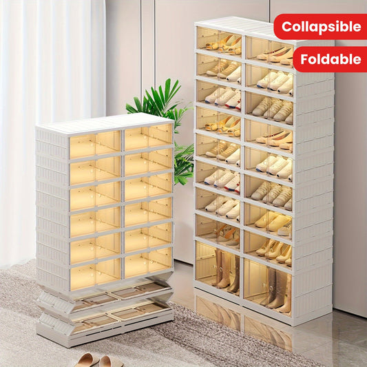 1 piece of a foldable shoe rack with 6/9 tiers for organizing your shoes in the closet. Made of durable plastic, this collapsible shoe shelf comes with a stackable clear shoe box with a door for easy access. This shoe cabinet is easy to assemble and is