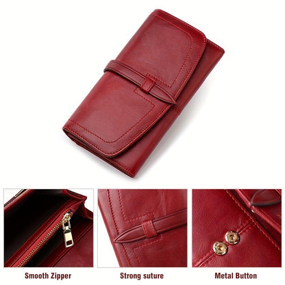 Red RFID blocking long clutch wallet with snap closure, zipper, coin pocket, and multiple card slots.