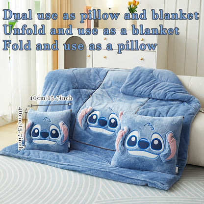 Disney Stitch 2-In-1 Pillow and Blanket Set, Modern Cartoon Theme, All-Season Polyester Woven Blanket, Portable and Multi-Purpose, Ideal for Travel and Office Use in Winter.