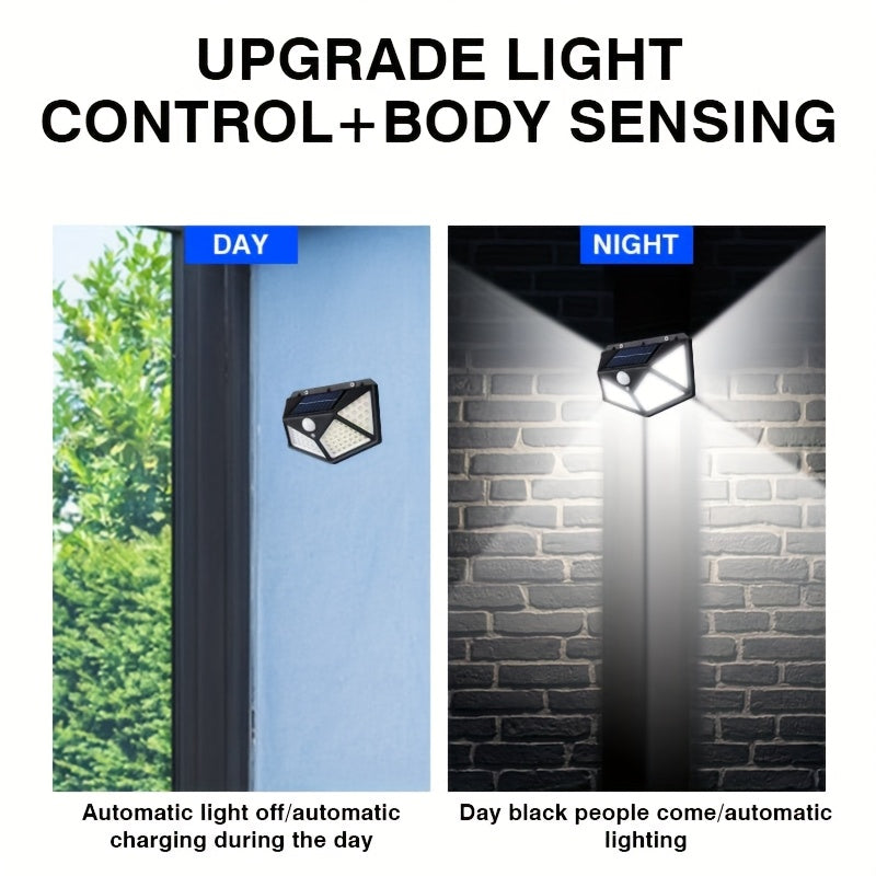 Outdoor solar-powered wall light with 100 LEDs and motion sensor for all-around human body detection.