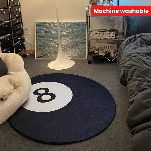 Machine washable floor mat with an anti-skid backing, featuring a stylish billiards pattern in black. Suitable for bedroom, living room, leisure area or bedside as a decorative carpet.