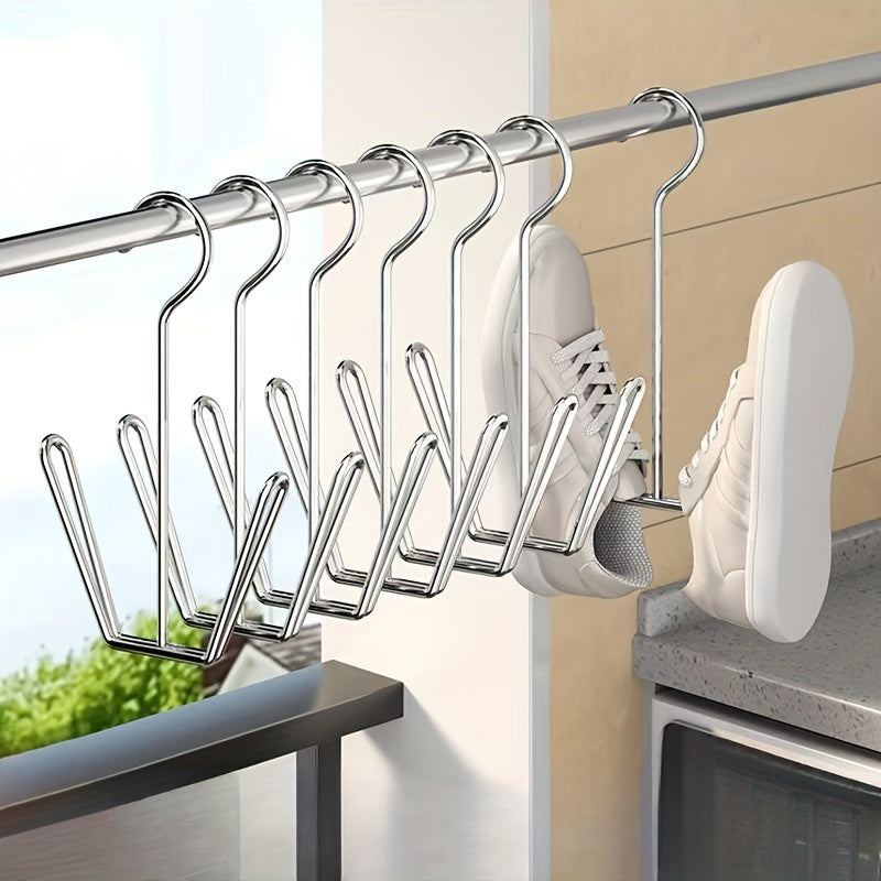 Three stainless steel shoe rack hangers designed for space-saving storage and drying in closets. Perfect for home and laundry organization, storing shoe boxes, household accessories, and drying racks.