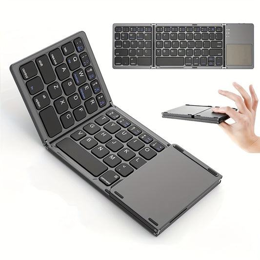 Portable and rechargeable wireless keyboard with touchpad, compatible with iPad Air 2, Windows 10, and Android devices. 81 keys, lightweight design, and durable construction.