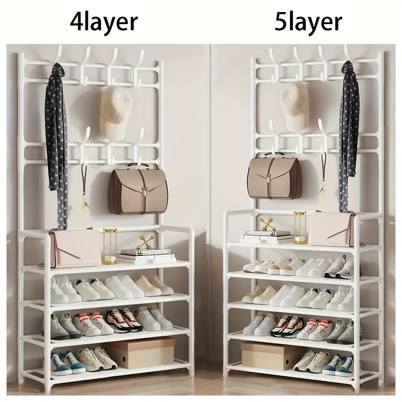 4-5 Tier Metal Shoe Rack with 8 Hooks - Stainless Steel, Multi-Functional Organizer for Home, Dorm, and Rental Spaces