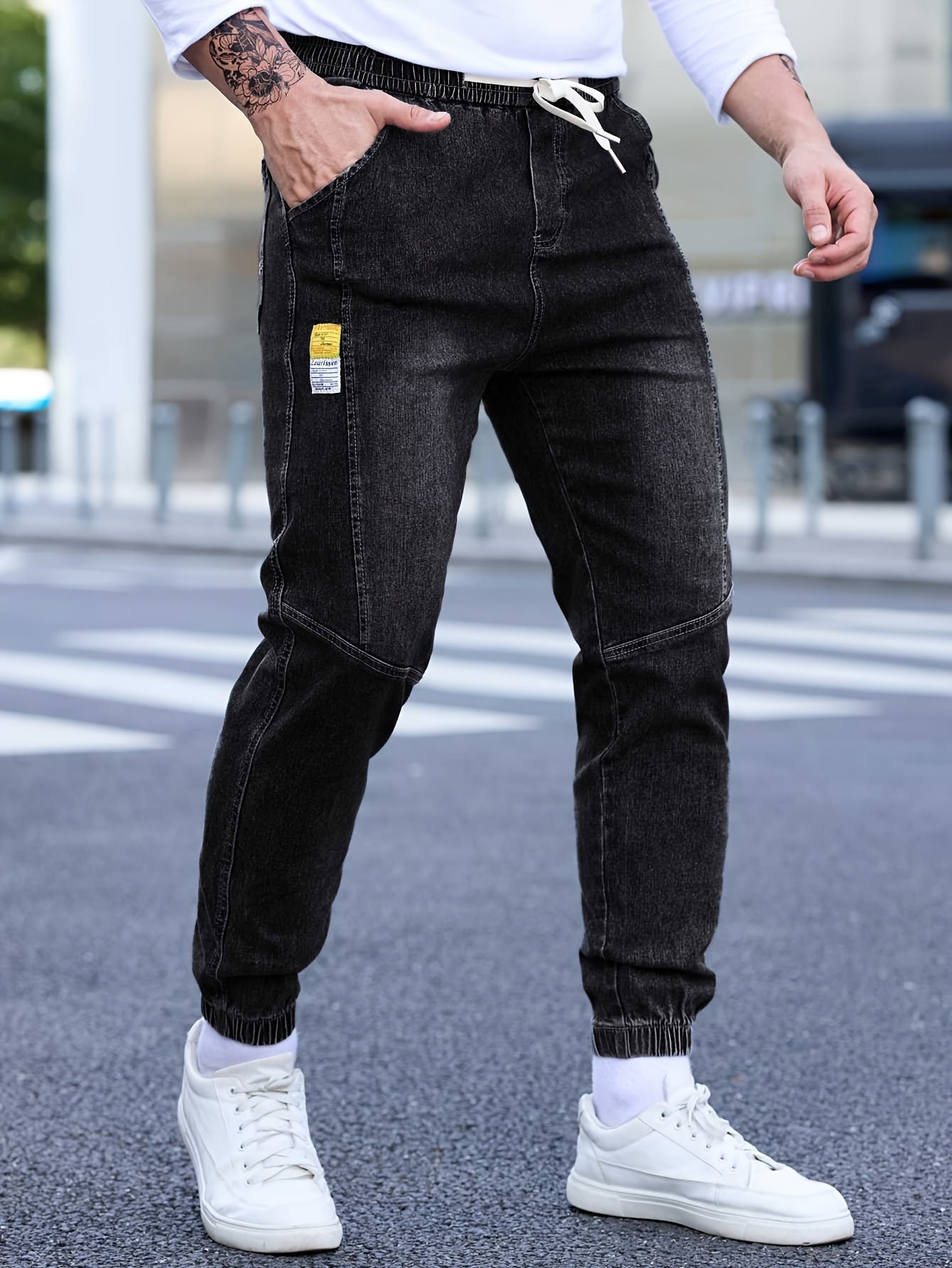 Men's denim cropped pants with pockets, drawstring waist, perfect for fall and winter outdoor activities.