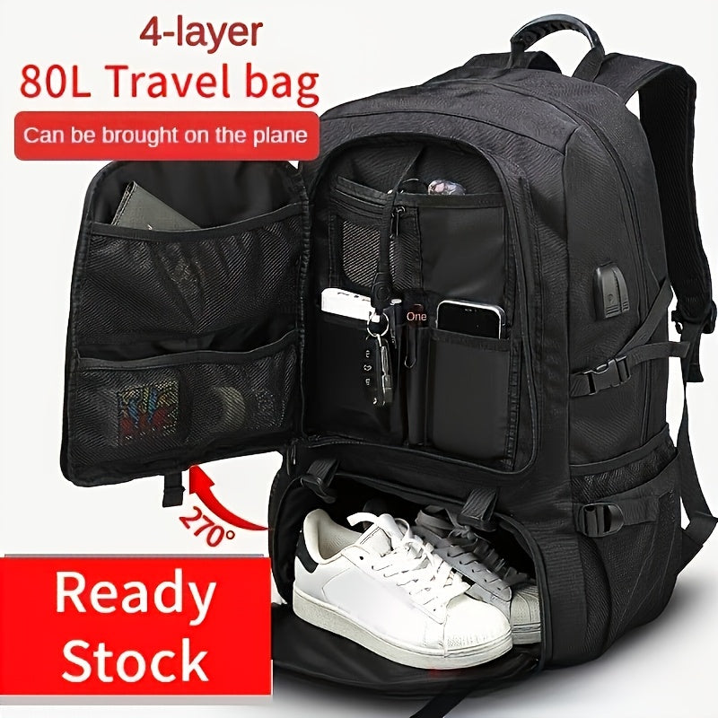 50-80L Travel backpack with shoe compartment, laptop sleeve, and expandable capacity, suitable for sports, hiking, short business trips.