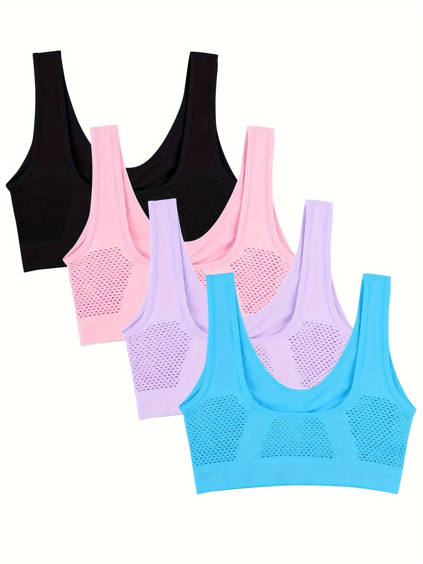 4 high-support sports bras for women, perfect for running and yoga, with breathable no-wire design and hollow-out detail.