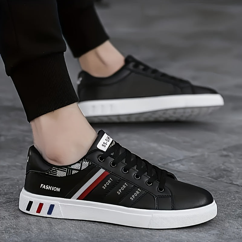 Men's casual sports style sneakers with solid & striped patterns, low top lace-up design, durable PU upper, fabric inner, PVC sole, and cloth insole for daily wear.