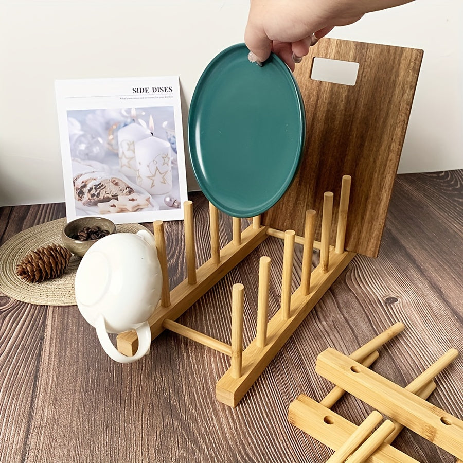 Bamboo Wooden Plate Rack for Kitchen Storage and Organization - Ideal for Dishes, Plates, Bowls, Cups, Pot Lids, Cutting Boards, and More! Can also be used as a Drying Rack, Bookshelf, or Home Kitchen Supply Organizer.