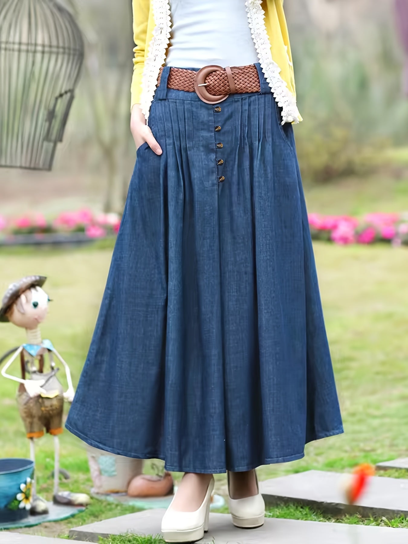 Plus size denim midi skirt with decorative button pockets, casual bohemian style in dark blue. Non-stretch, machine washable with faux button detail. Perfect for spring/summer/fall.