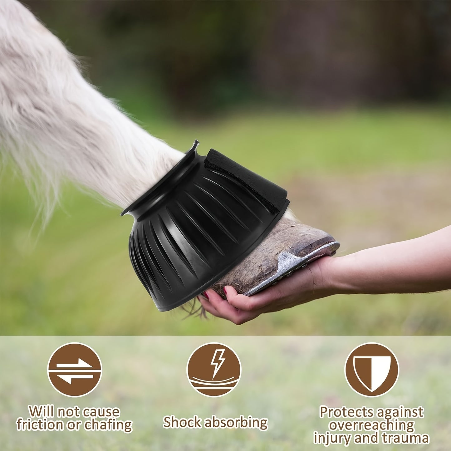 Rubber bell boots provide comfort and protection for horses, with anti-impact and friction features. Easy hook and loop design for quick installation.