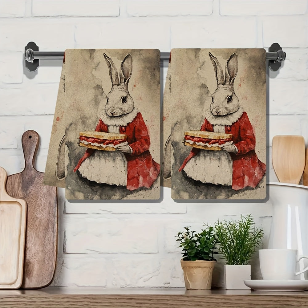 Set of 2 Adorable Rabbit Sandwich Illustration Kitchen Towels - Made of Ultra Soft and Highly Absorbent Polyester Material, Easy to Clean in Washing Machine, Size: 40.64x60.96 cm - Ideal for Decorating during the Holidays, Cute and Funny Addition to your