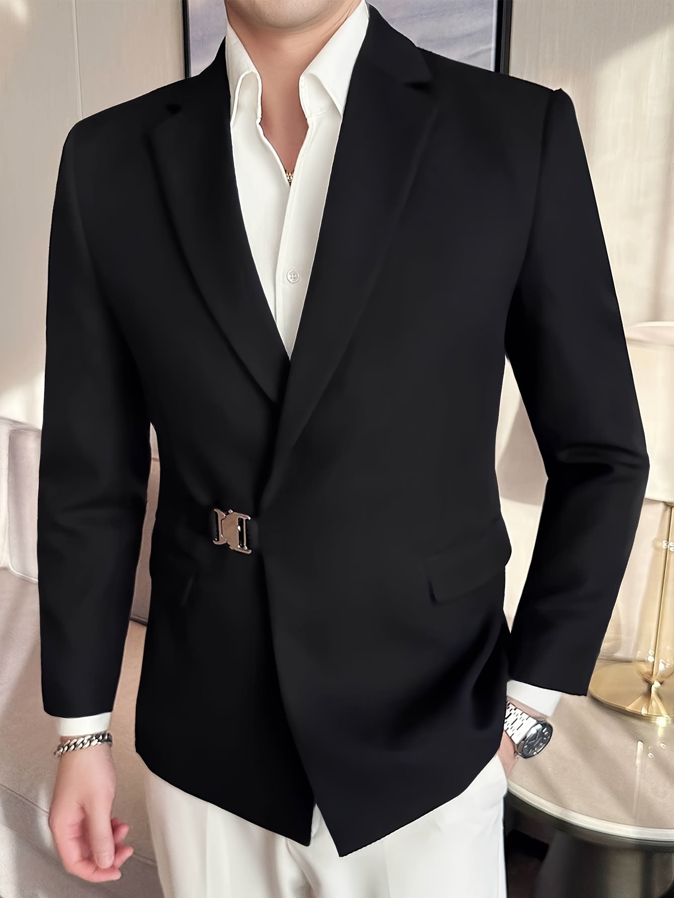 Men's sleek casual suit jacket with metallic side buckle and high-end design.