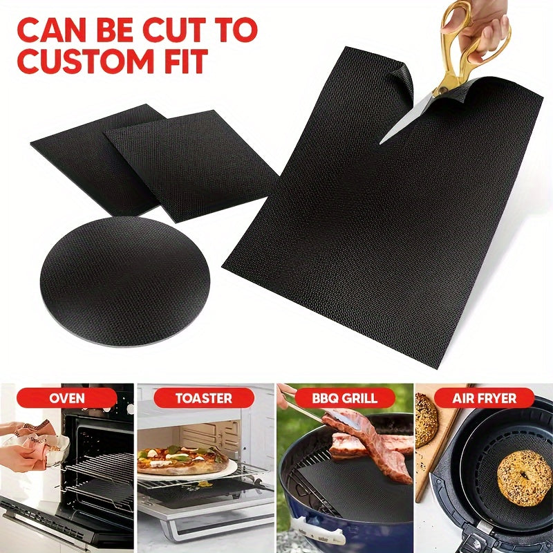 Three pieces or five pieces of reusable non-stick oven mats, each 0.2mm thick and made of Teflon. These oven liners can be used in the microwave and for baking, grilling, and cooking. They are versatile tools for the kitchen, perfect for all your baking