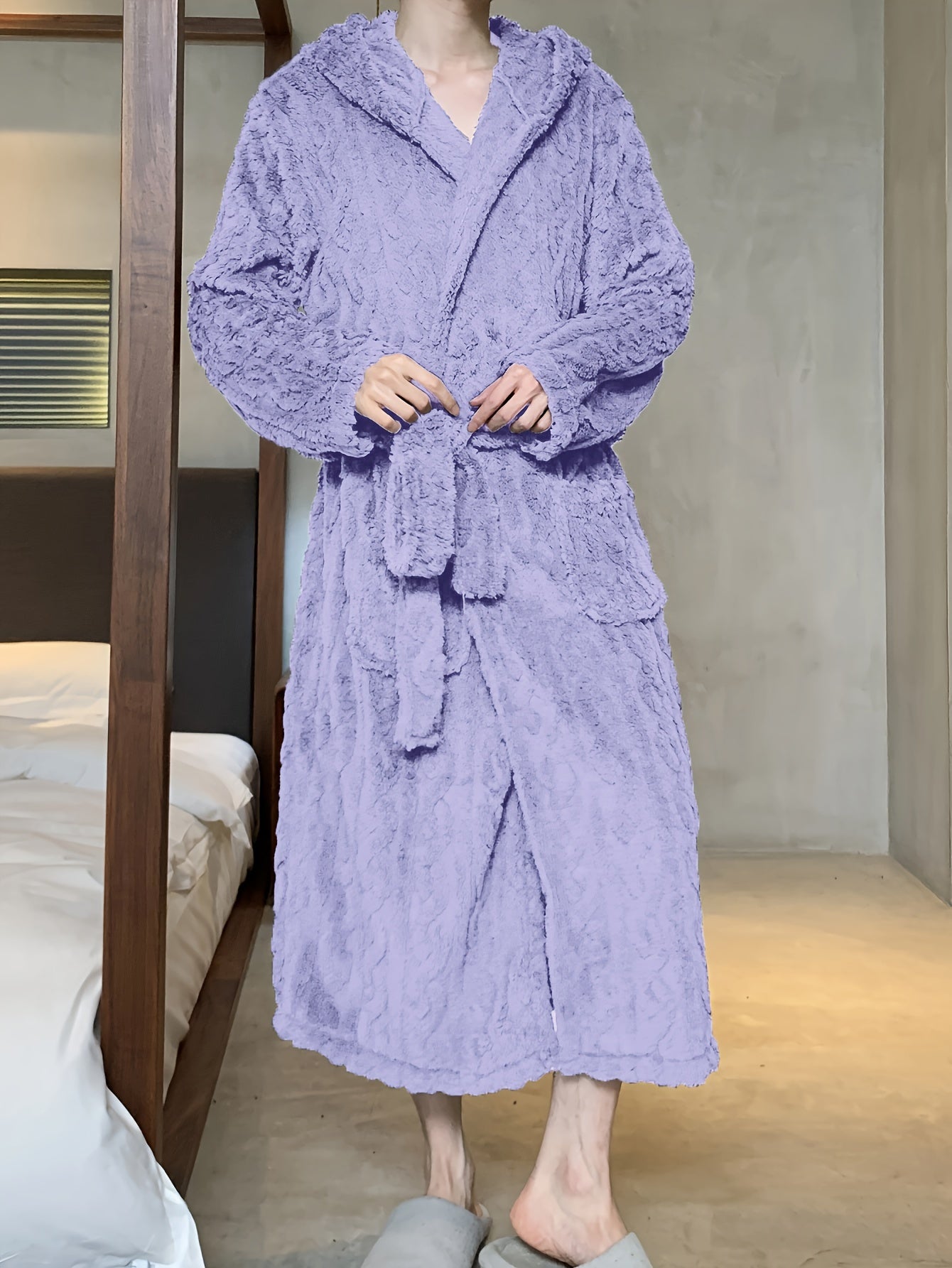 Men's hooded fleece robe for autumn and winter comfort. Soft plush texture, machine washable.