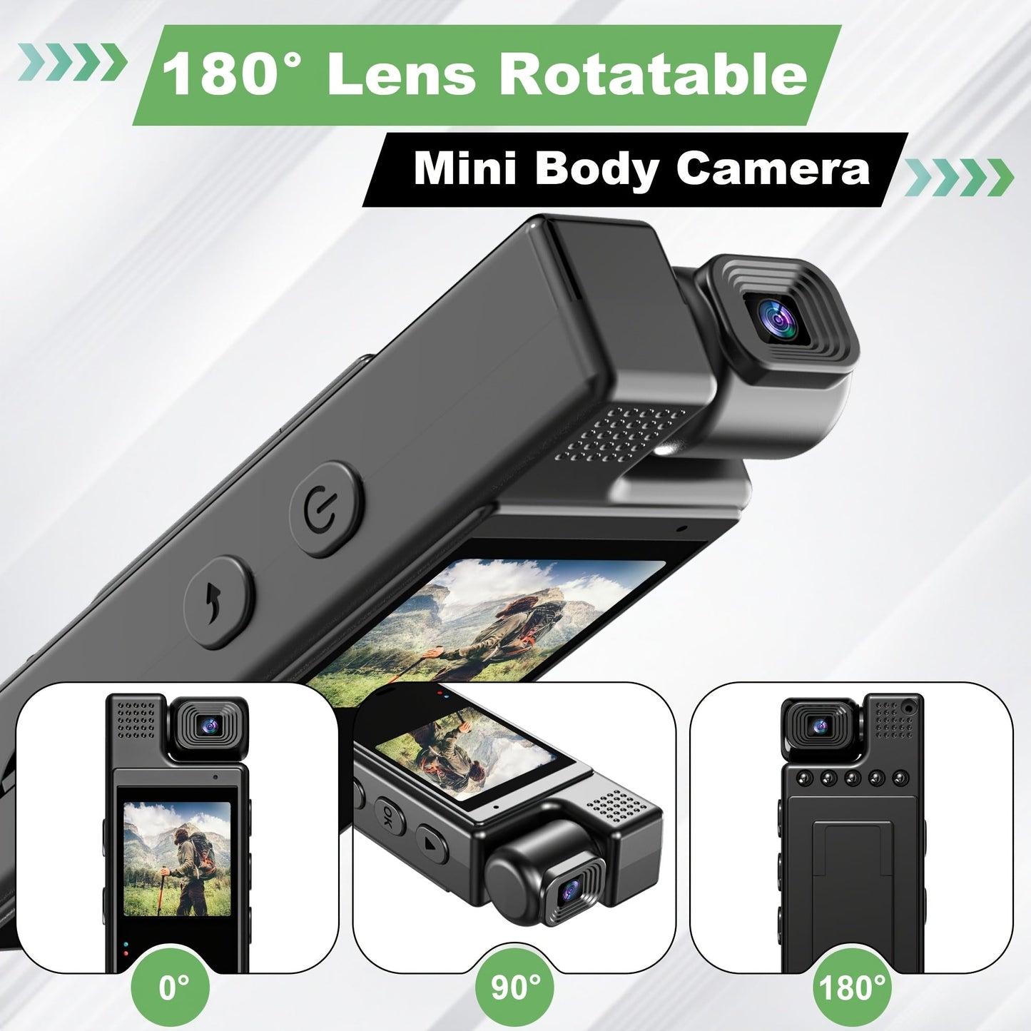 Black Compact Action Camera featuring a 180° Rotating Lens, Extended Battery Life, Motion Detection - Ideal for Sports and Cycling Enthusiasts, Easily Rechargeable via USB.