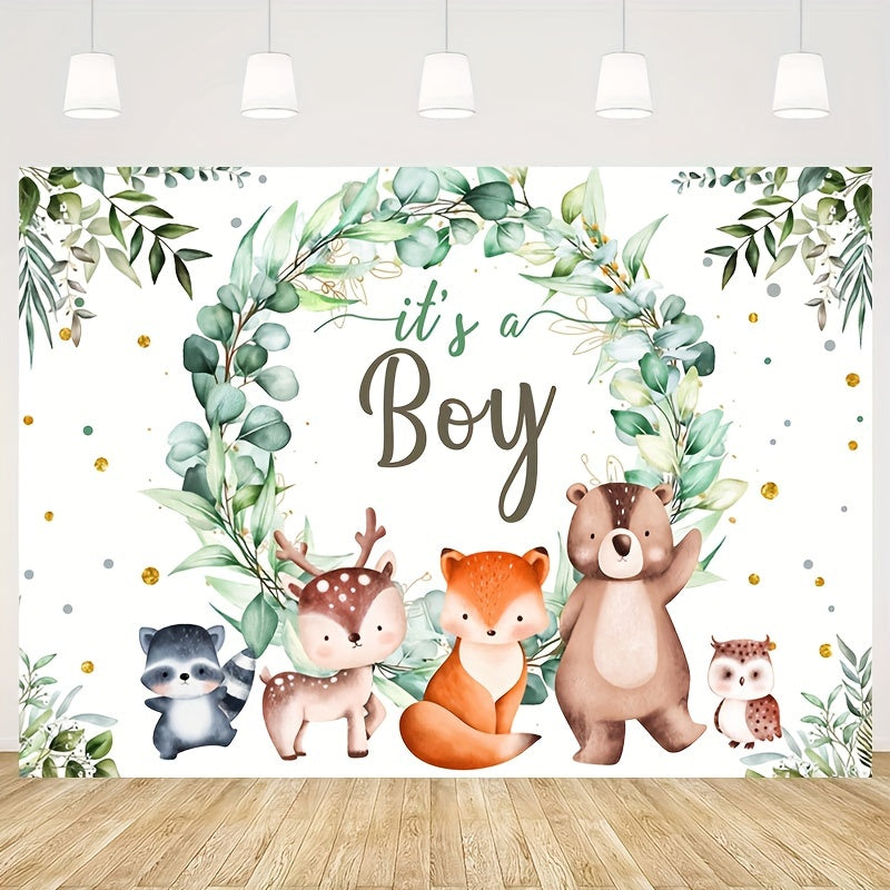 Woodland Baby Shower Background featuring green garland, fox, bear and wild animals for boy baby shower photography.