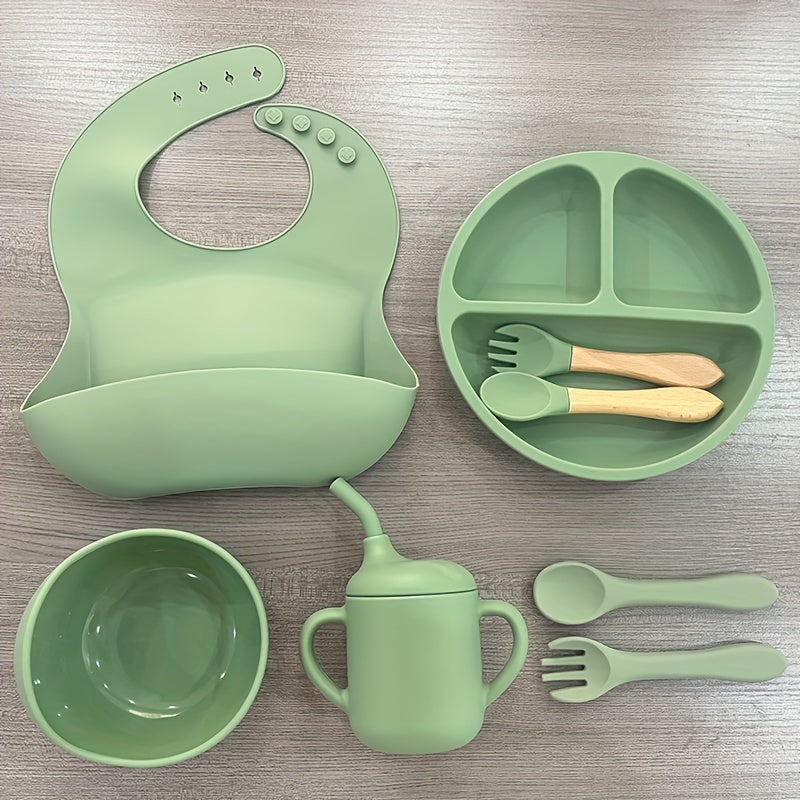 Silicone Baby Feeding Set by WHZWYK - Safe for Microwave & Oven - Suitable for Ages 0-3 - Complete with Suction Plate, Soft Bowl, Spoons, Forks, Adjustable Bib, Snack Cup - Ideal for Self-Feeding