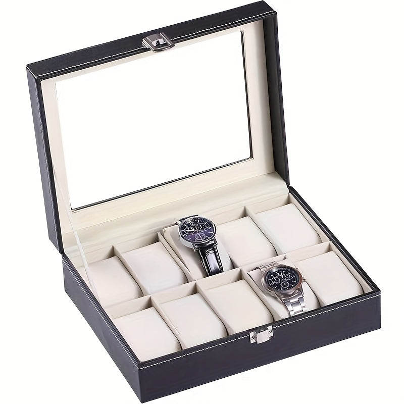 Elegant Black PU Leather Hand Jewelry Watch Storage Box with Dustproof Transparent 6/10 Slots, Equipped with Lock - Perfect Gift Choice