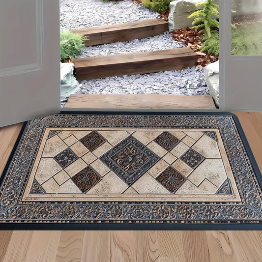 Rectangular Knit Polyester Doormat with Memory Foam - Stain Resistant, Non-Slip, and Washable – Perfect for Living Room, Bedroom, Kitchen, or Office - Indoor/Outdoor Welcome Mat with Decorative Tile Pattern - Machine Made