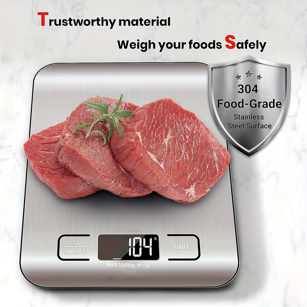 22lb/10kg capacity digital kitchen scale with grams & ounces display, tare function, stainless steel design, easy to clean. Ideal for baking, cooking, coffee weighing, and postage.