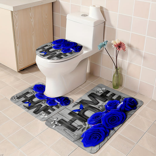 1 Romantic Rose and Butterfly polyester bathroom set includes a water-resistant floral shower curtain with 12 hooks, non-slip mats, a U-shaped bath rug, and round toilet lid cover. Machine washable and perfect for all-season home decor.