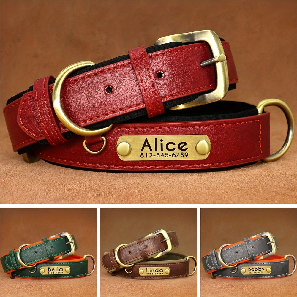 Customized Dog Collar made with faux leather, neoprene padding, and durable nameplate for small to medium dogs.