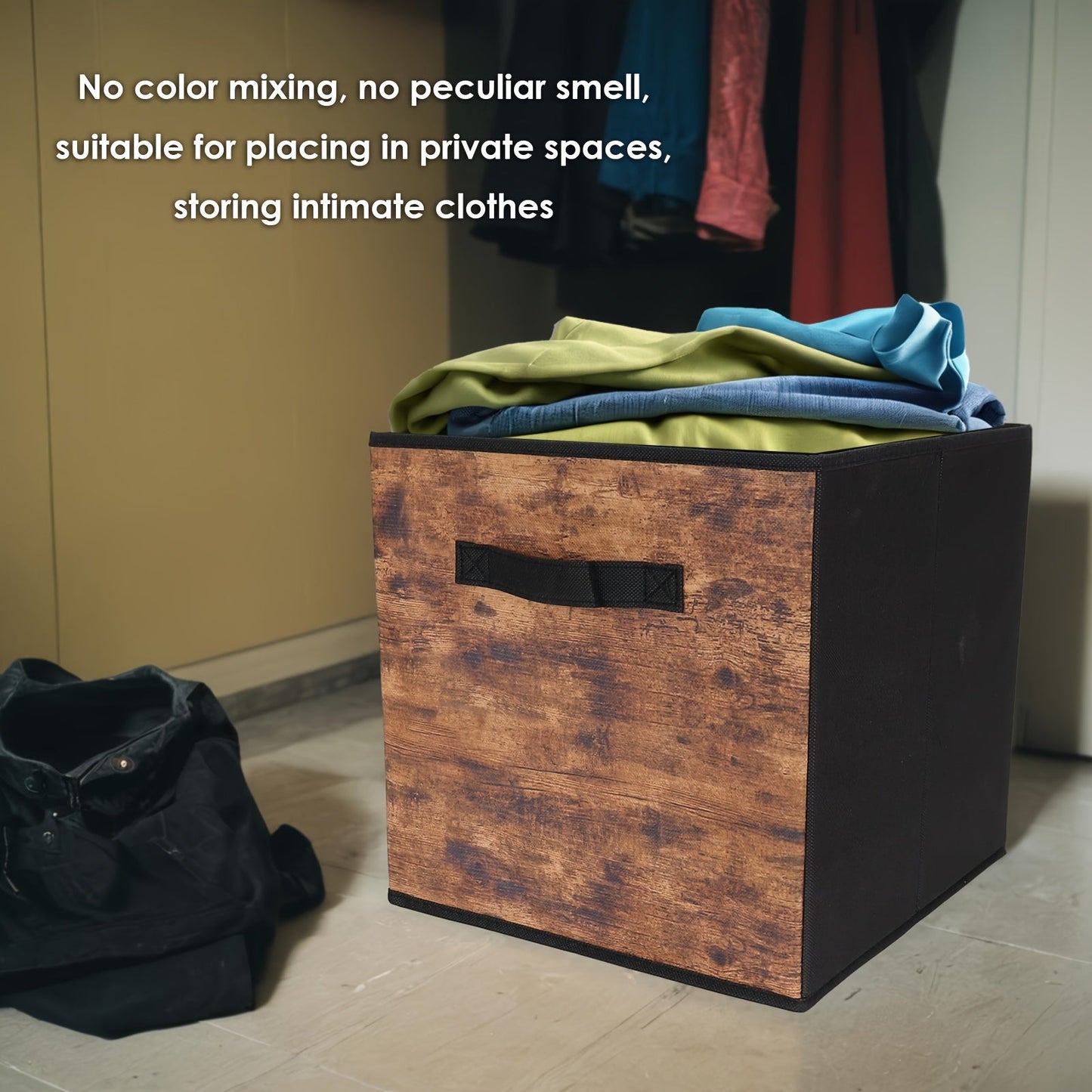 Set of 3 Folding Storage Boxes with Handles, made of Non Woven Fabric. Perfect for organizing clothes, blankets, books, toys, and more. Ideal for organizing your wardrobe and saving space in your closet, bedroom, home, dorm, or any other living space.