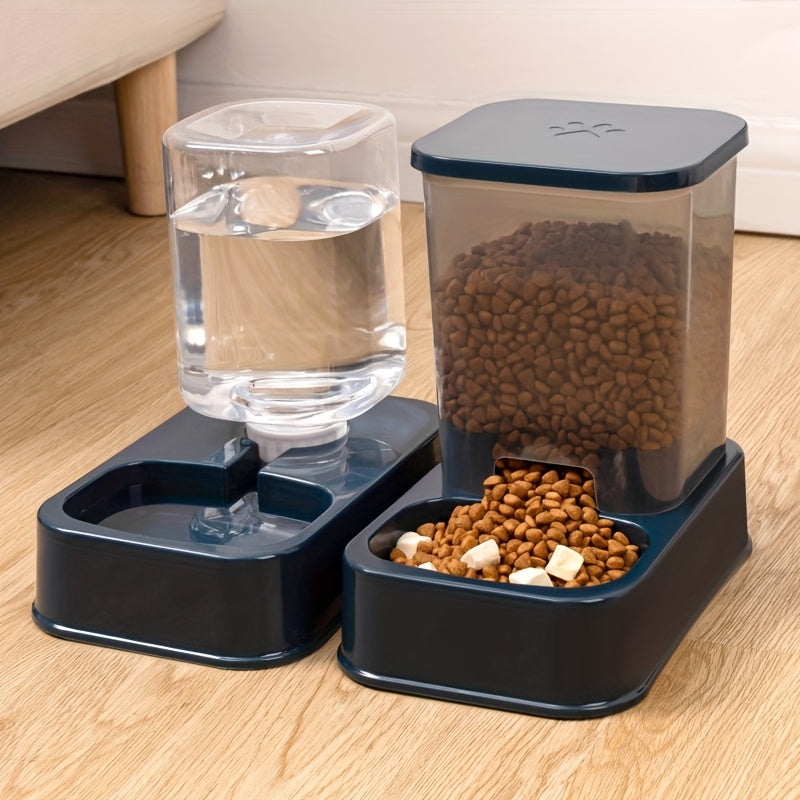 Self-feeder and water dispenser set for cats, made of durable plastic.