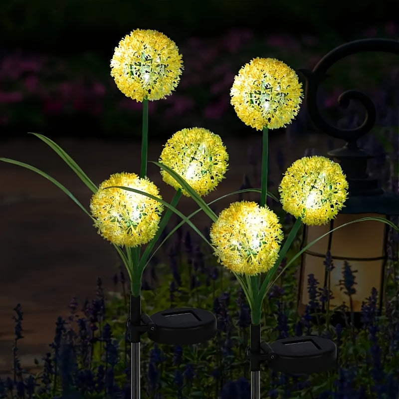 Dandelion LED plant stake light powered by solar energy, splashproof, ideal for outdoor gardens and yards.