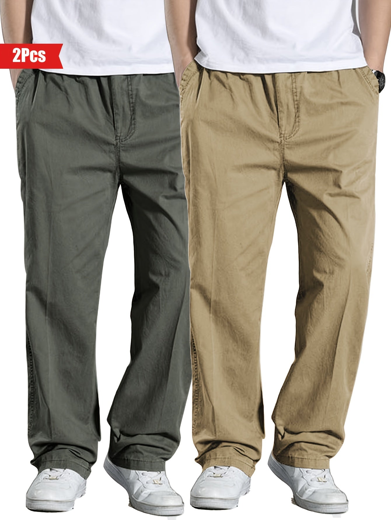 2 pure cotton casual pants for men, solid color, suitable for outdoor wear.