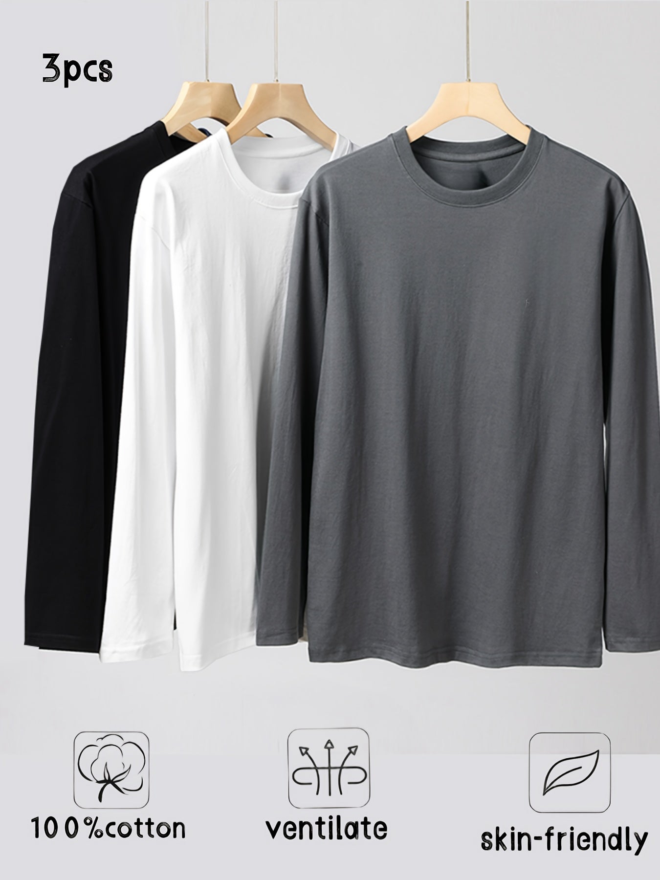 3 Men's Long Sleeve T-Shirts in Black, Beige, Gray - 100% Cotton, Breathable, Casual for Spring & Autumn