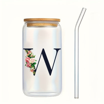 Alphabet flowers drinking glass with bamboo lid and straw, ideal birthday gift for women, friends, girls. 16 oz coffee glass, perfect for moms.