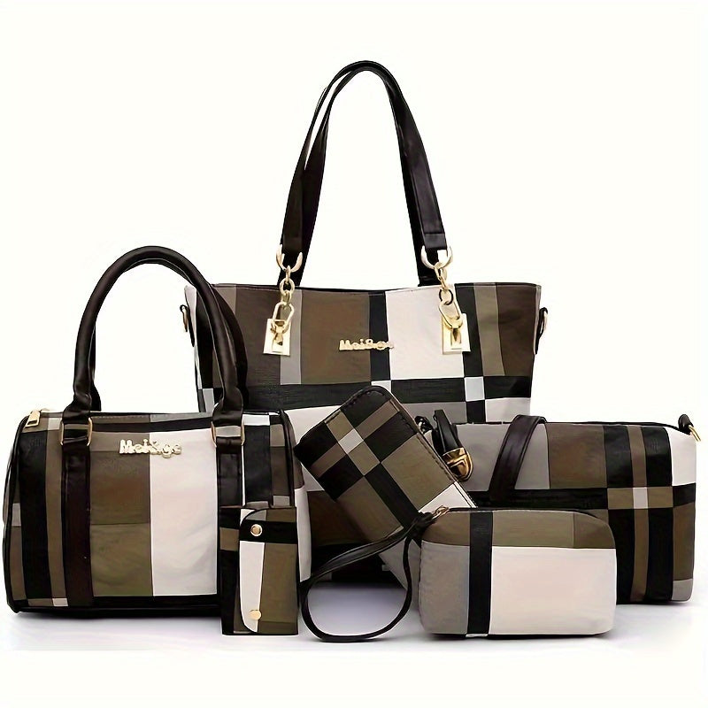 6-piece set of checkered pattern shoulder bags including a handbag, crossbody bag, clutch bag, long wallet, and short wallet.