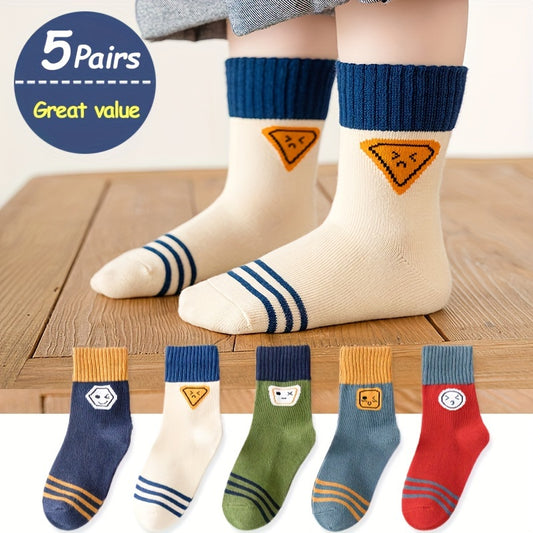 Child's 5-pair sock set with cartoon pattern. Made of polyester blend with spandex, hand washable, cozy, skin-friendly, in mid-calf height. Suitable for boys and girls in autumn/winter.