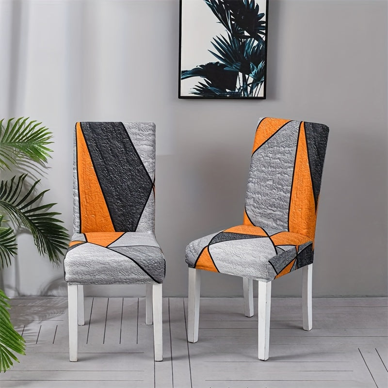 Contemporary geometric chair slipcovers in black and white. Stretchable, dustproof, lightweight fabric. Ideal for home, hotel, or restaurant decor. Easy care, machine washable. Set of 4 or 6.