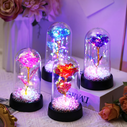 Modern LED Rose Flower Night Light with Golden Foil Accents, Battery Operated for Bedroom Decor, Special Occasions, and Gifts.