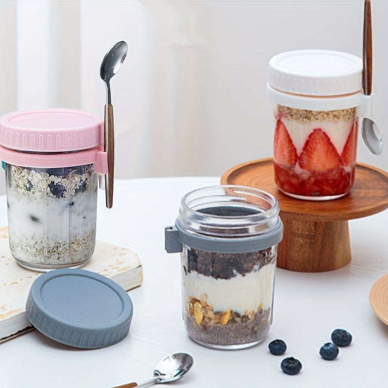 Four pieces of leak-proof storage containers for overnight oats, complete with lids and spoons. These reusable 12 oz glass Mason jars are perfect for storing milk, cereal, fruit, and yogurt. The large capacity airtight jars are essential kitchen