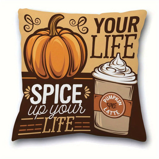 Autumn Pumpkin & Latte Design Pillow Cover - 1pc, Single-Sided Print, Made of Durable Polyester Fiber, Festive Home Decor for Sofa & Living Room, Size: 45.72x45.72 cm