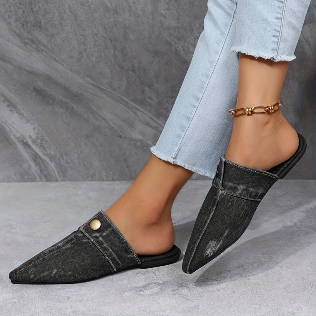 Women's Denim Flat Mules with Pointed Toe for Casual Outdoor Wear