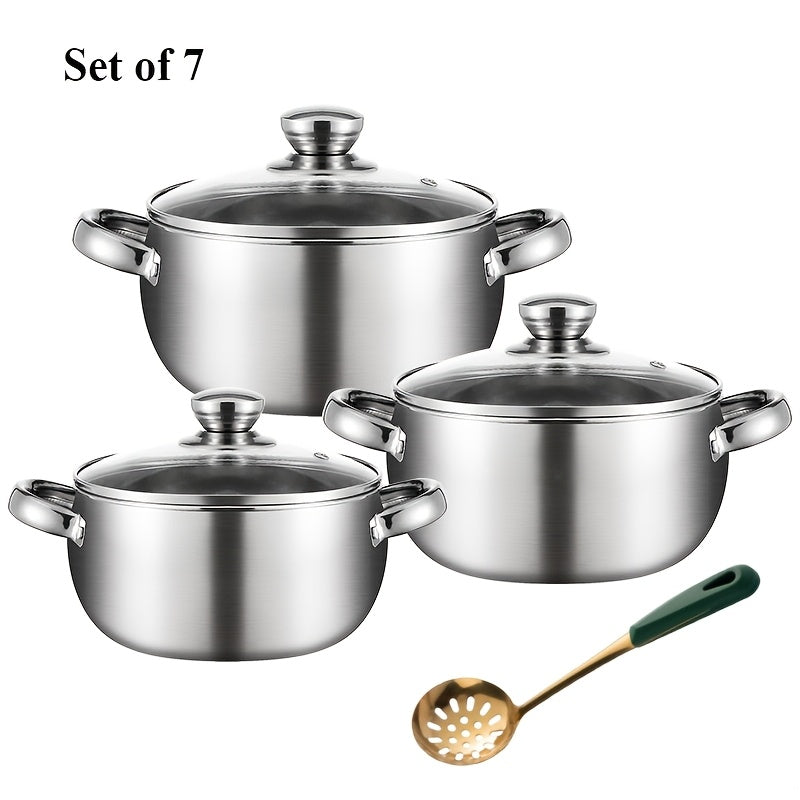 High quality Stainless Steel Cookware Set containing 6-7 pieces. Featuring a sturdy Classic Stockpot with a Glass Lid, suitable for Cooking Soup, Noodles, and other dishes. This set is Heat Resistant, Non-stick, and Easy to Clean, making it ideal for use