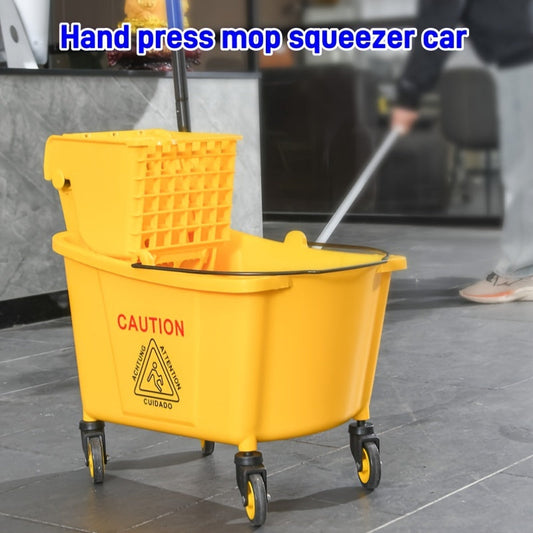 20L Yellow Commercial Mop Bucket with Wringer and Hand Press Floor Cleaning Cart for Home, School, Hotel, Shopping Centers - Sturdy Plastic Bucket for Living Room, Bedroom, Bathroom, and Kitchen Cleaning, with Water Squeezer