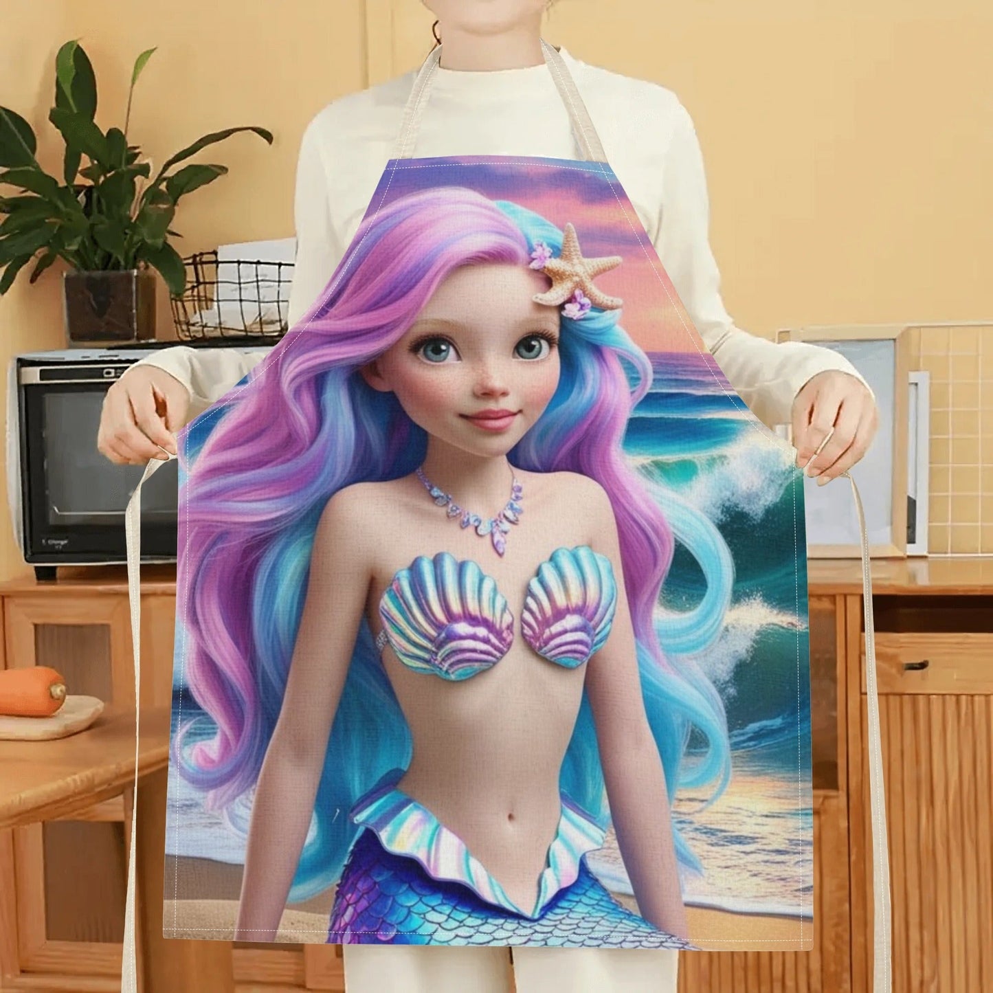 Elevate your kitchen style with the Ariel Princess Waterproof Apron by Disney! Featuring a vibrant and fashion-forward mermaid cartoon pattern design, this apron is perfect for use in hotels, supermarkets, restaurants, fruit shops, and milk tea stands.